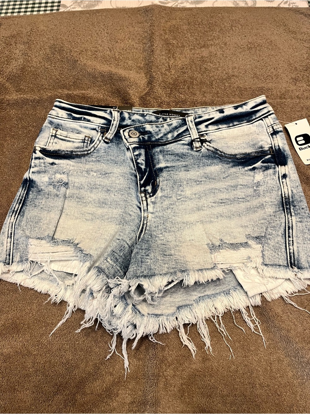 Women’s Flying Monkey Frayed Light Blue Denim Shorts - Casual Cutoffs